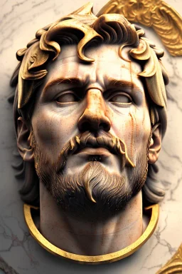 Ultra Realistic image, Roman sculpture, white marble material, Lionel Messi, gold Laurel leaves wreath, renaissance ornaments, one gold star in heart, sun ornament, sun rays background, chisel style, waist up portrait, emperor style, epic, celestial, cinematic lighting, God light, god rays, 4k resolution, smooth details, ornate details, soft lighting, unreal engine 5, art station, substance 3d.