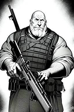 old man behind the aiming with a shotgun, greyscale