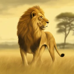 A majestic lion standing tall on a grassy savannah, with its thick golden mane blowing in the wind and its powerful gaze fixed on the horizon.