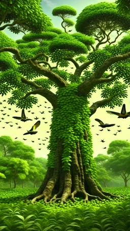 Jungle birds flying around big tall tree