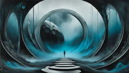 A surreal, dark and cold abstract artwork dominated by deep blue, icy cyan, charcoal black and muted steel-grey tones. An thin narrow passageway emerges from an abstract distorted weird landscape, surrounded by thick atmospheric fog and drifting mist. The space feels dreamlike, alien and unsettling, with fragmented floating circle geometric forms, black onix architectural fragments and unnatural perspectives. At the center of the composition cracked stone way over abyss, passage over nothingness