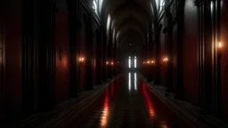 I want a 3D model of a scary corridor in a huge church with a little red lighting, high quality, width 1920 and height 1080.