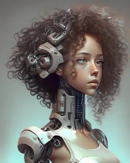 robotic girl human head human neck human left arm mechanical right arm biomechanical torso ted curly hair fair skin
