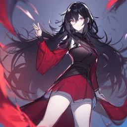 Clear focus, High resolution, rough line sketch art, long black hair, hair between eyes, fluffy hair, purple eyes, wearing a black and red kimono with a black short skirt, dark aura