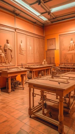 A light pinkish orange colored workshop with machines painted by Leonardo da Vinci