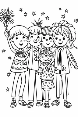 HAPPY NEW YEAR coloring page for kids, HAPPY NEW YEAR CELEBRATION FAMILY thick outline, low details, no shading, no color