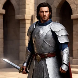 [a paladin in chainmail in his temple] Brother Michael’s paladin training made him a stalwart protector and unwavering champion of the innocent, skilled in martial combat, divine endurance, and the sacred rites of guardianship and last prayers for the dead. He wear a light chainmail and a zweihander sword with his two hands. He is a striking figure: silver-haired, broad-shouldered, and steady, moving with the calm certainty of someone forged in the same fire that blessed his chainmail, his prese