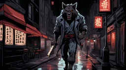 Werewolf with a Chinese menu in his hand, walking through the streets of Soho in the rain. There is a neon sign in the background on a restaurant that says "Lee Ho Fuk's. Illustration.