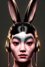 Placeholder: Medium Close Up Portrait, Front image. cyberpunk, rabbit mask, teenager, asian woman, cyber helmet head. Geisha dress. Pink, black, color. Mad max style. renaissance ornaments, Color background, photo studio. Front image, highly detailed, concept art, smooth, unreal engine 5, ray tracing, RTX, lumen lighting, ultra detail, volumetric lighting, 3d, finely drawn, high definition, high resolution.