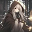 Placeholder: anime, 1 girl, brown cloak, black hair, hooded, black eyes, dark