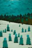 Placeholder: A dark teal snowfields with snowmen painted by Paul Klee