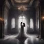 Placeholder: Hyper Realistic Ghost Couple Dancing inside a beautiful but dark-abandoned hall of an abandoned castle with creepy staircase, fancy-frames, candles, & torn-white-curtains behind showing dramatic & cinematic ambiance