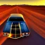 Placeholder: muscle car, desert road, sunset, full colour,