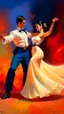 Placeholder: The flamenco dancer in white dress dancing with a man wearing black , oil painting with hard brush colors on the canvas