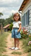 Placeholder: cartonish child lady in pretty top and short tight and nice shoes,standing in country side next to country house with flowers,trees.