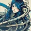 Placeholder: beautiful cyberpunk huge girl, hyperdetailed, illustration by Katsushika Hokusai, darkblue tones,