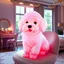 Placeholder: Generate image: A macro 3D render of a cute, lovely wooly dog,made of Translucent glossy jelly material, soft gelatinous appearance, smooth rounded surface, realistic subsurface scattering, internal light diffusion, subtle volumetric translucency, wet polished highlights, slightly reflective surface, soft rubbery-plastic texture, vibrant neon color, physically based shader, studio lighting, high-end CGI render.on a chair in a luxury bedroom next to makeup desk next to a open window to garden.