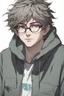 Placeholder: Anime man with glasses, messy hair, wearing a hooded sweatshirt, slight smile, realistic