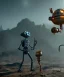 Placeholder: happy mechanoid person playing jazz with a steampunk theme, realistic