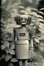 Placeholder: rollerflex photograph 1950s, dusty, robot made from toilet paper and infected with ivy, 4k, f1.2 50mm, dark vignette