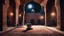 Placeholder: Hyper Realistic Photographic-View of a Man Worshiping-Namaz inside a prehistoric-brick-walled-mosque with pre-historic-carpets & Lalten on walls with moon-light-rays coming from outside Fancy-Mosque-Window at dark-night showing dramatic & cinematic ambiance.