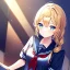 Placeholder: girl, masterpiece, best quality, volumetric lighting, detailed outfit, perfect eyes, long hair, golden hair, blue eyes, black stockings, school outfit, braided ponytail,