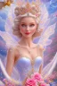 Placeholder: Magnifique woman, lady fairy, facing happy, voluptuous white, pink enchanted flowers, wings magic, long big dress, pink outerspace stars planets, Beautyful smiling, young woman, long hair amazing blue eyes, flowers, happy cosmic, bright colors, blue, pink, gold, jewels, realistic, photo real, clear sunny background, highly detailed, high contrast, 8k high definition, unreal engine 5, extremely sharp detail, light effect, sunny light background