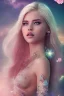 Placeholder: lac turquoise, ciel étoilé brillante, femme cosmique, belle, fine, jolie bouche douce subtile, glong cheveux blond parfumée, voile d'étoile, great flower fleurs pink and white, etoile filante, cristaux, vray, cgi