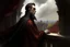 Placeholder: painting of a handsome victorian vampire looking out on a terrace, side view, cloak billowing in the wind