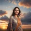 Placeholder: Hyper Realistic happy young-Pashto-woman standing with cloudy sunset