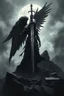 Placeholder: surreal dreamlike scene, stunning warrior fallen angel with sword, mystic gloomy, dark shadows and vertical pale light, stones, rocks, dark vibe, come strom , dark colors, , moon with black darkness, fog, detailed, spalh art, black and white art