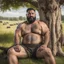 Placeholder: close up of a 48 year old arab shepherd tattoed, sturdy, hairy muscular chubby, with short black beard and big nose, relaxes sitting leaning against a tree in the middle of a meadow full of grazing sheep, shirtless with ruined old shorts, strong and muscular hairy legs, bare feet, photorealistic bucolic scene, view from the bottom, looking at camera