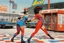 Placeholder: one woman in bright colorful and checkered (high res photo by Ralph Steadman in the 70ties) super heroine in leotard (chevron, lycra, nylon, spandex, tights) stops a massive violent thief at a gas stations, she is the queen of jujustu