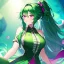 Placeholder: Clear focus, 8k, beautiful lighting, vibrant colors, girl, green hair, long hair, vibrant pink eyes, ponytail, messy hair, green outfit,