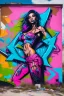 Placeholder: graffiti art on the back side of an abandoned building portraying a female super model posing confidently, 8k, highly detailed, centered, epic composition, graffiti art, splash art, street art, spray paint, oil gouache melting, acrylic, high contrast, colorful polychromatic, ultra detailed, ultra quality, CGSociety