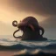 Placeholder: franz frazetta style, dread kraken on the sea, sunrise, open seas, primordial