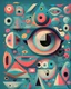 Placeholder: geometry abstract ,2d , soft colors, Malevic style, dark, random typographic characters, "BIG EYE", big mouth