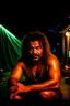 Placeholder: close up shot photography of an ugly burly hairy strong big chubby angry gipsy shirtless homeless man 33 years old, big nose, in bulging shorts, bulge, manly chest, dreadlocks, sweat, sweat, wet, relaxing sitting a chair near his small tent, in a private elegant garden of a villa, raining nighttime, big shoulders, ambient occlusion, photorealistic, frontal view from the ground, dim light from little bulbs