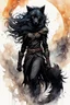 Placeholder: ink wash and watercolor full body concept illustration of an anthropomorphic, adventurous Black Wolf, underground resistance girl character with wildly flowing hair, ornately dressed with highly detailed feathers and facial features in the comic book style of Bill Sienkiewicz and Jean Giraud Moebius, with a fine art aesthetic, highly detailed , boldly inked, 4k UHD cinegraphic quality