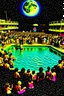 Placeholder: techno rave party in 80's with swimming pool on the moon full