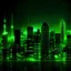 Placeholder: Create a neon buildings with night cityscapes backgrounds in decent green colors. Internet networking signals are shown.