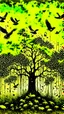 Placeholder: Jungle birds flying around big tall tree, painting, yellow and black