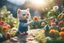 Placeholder: photorealistic image, knitted and embroidered chibi anime gardener cat watering flowers, ecuador landscape, S<AI in sunshine, ethereal, cinematic postprocessing, bokeh, dof