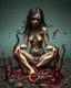 Placeholder: Petit weird woman with many worms from his body, sit pose, fullbody, splashes blood, behind guts rising from the ground, darkred tones, macro photography,