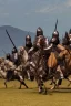 Placeholder: mounted knights galloping across an open field, swords in hand, mountains in distance