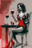 Placeholder: elegant beautiful brown-haired woman in red and black lace lingerie with crossed legs, proudly sitting on a chair, cigarette in her right hand, a glass of red wine on a table next to her, her lips are red, surrealist, smooth, pop, accentuate, faded glow, morning, bright, fine art, push, structure, silhouette, pencil sketch by Jean Cocteau fantasy high definition crisp quality in sunshine