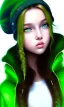 Placeholder: girl, cute, beautiful, long hair, wavy hair, green hair, blue eyes, green beanie, green coat, black tee shirt, green shorts