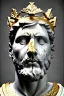 Placeholder: Ultra Realistic image, Roman sculpture, white marble material, Lionel Messi, semi profile, gold Laurel leaves wreath, god crown, baroque ornaments, one gold star in heart, sun ornament, sun rays background, chisel style, waist up portrait, emperor style, epic, celestial, cinematic lighting, God light, god rays, 4k resolution, smooth details, ornate details, soft lighting, unreal engine 5, art station, substance 3d.