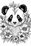 Placeholder: portrait of panda and background fill with flowers on white paper with black outline only