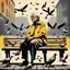 Placeholder: A digital painting in a vintage pop-art style. An elderly man sits on a wooden bench surrounded by pigeons, holding some in his hands. The scene is inspired by a black-and-white photograph but reimagined with bold pop-art colors, strong contrasts, textured brush strokes, and a retro urban atmosphere. The background features distressed textures, with warm yellows, deep reds, and teal greens, blending realism with stylized graphic design. The man’s expression remains detailed and expressive, while